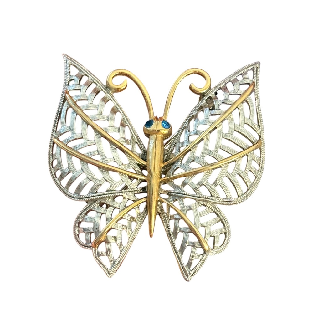 Vintage 1970s Avon Two Tone Butterfly Pin Brooch Blue Rhinestone Eyes